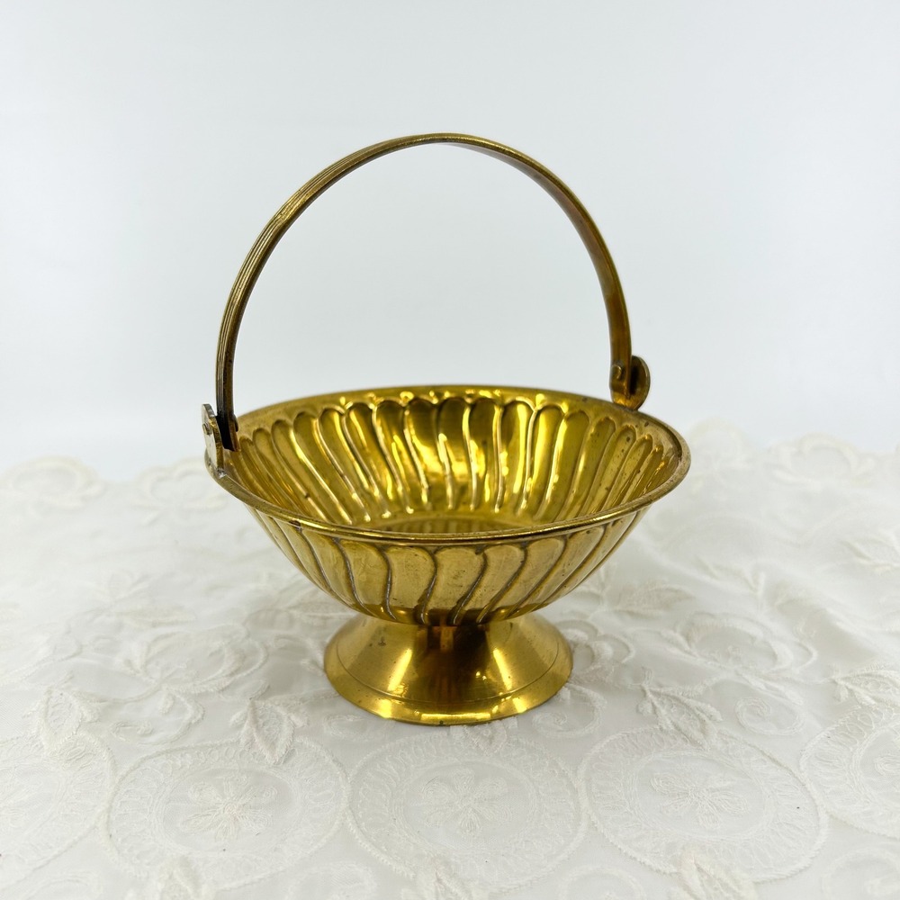 Vintage Solid Brass Mini Handled Basket Brass Decorative Accent - Made in India